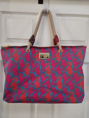 Lilly Pulitzer Bright Seahorse Tote/Beach Bag Pink/Teal